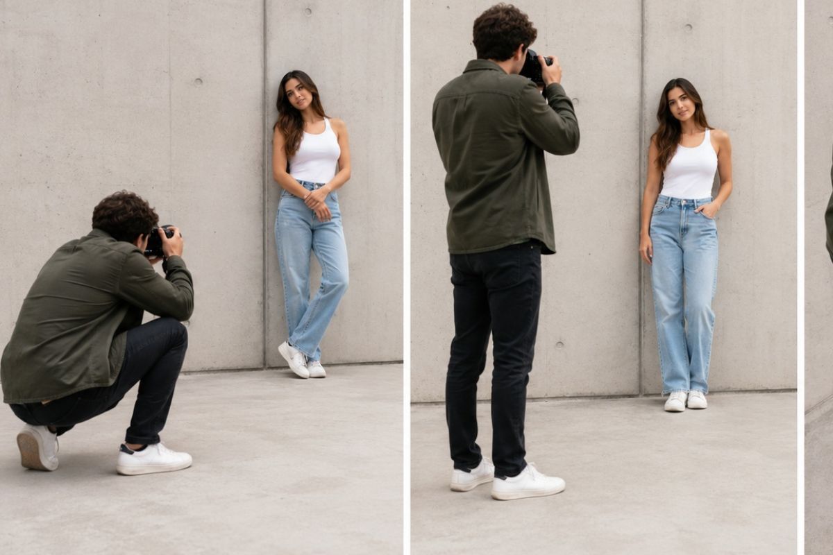 Fotograf snima model iz niskog, ravnog i visokog ugla kako bi prikazao različite perspektive fotografiranja.