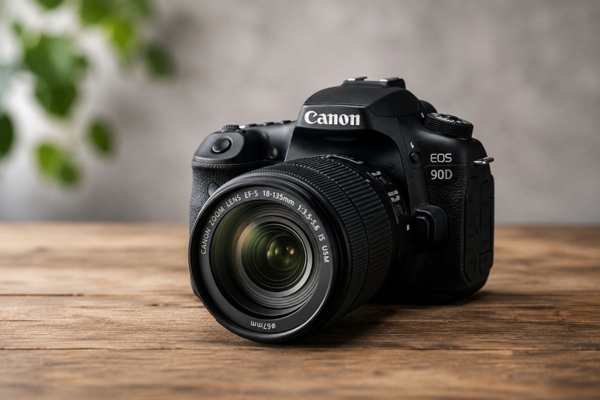 DSLR fotoaparat na drvenom stolu