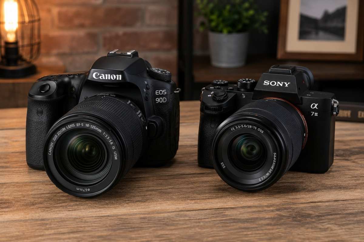 mirrorless i DSLR aparati na drvenom stolu