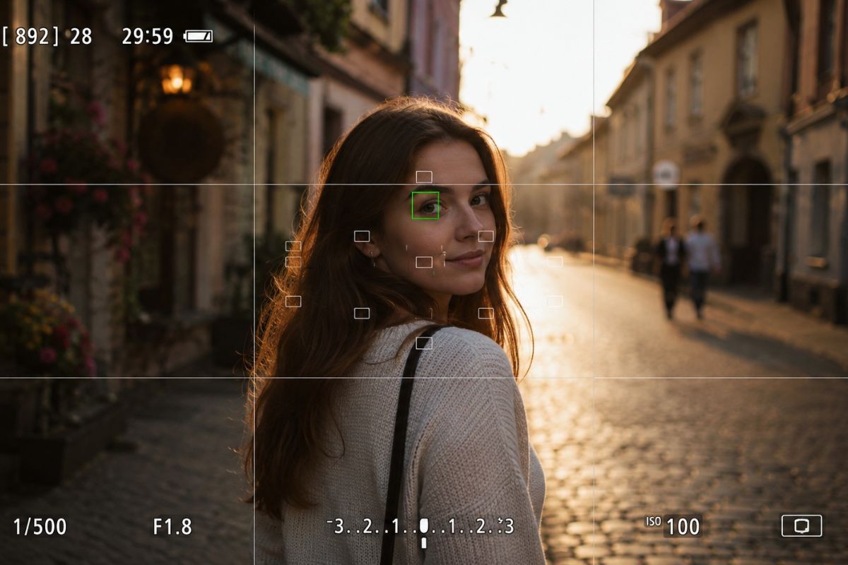 Portret žene snimljen kroz tražilo fotoaparata na ulici starog grada tokom zlatnog sata.